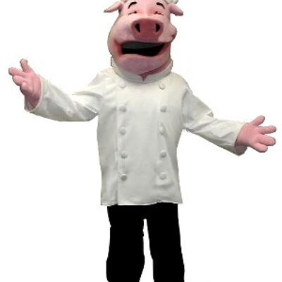 Costume de mascotte personnalisable de cochon en tenue de chef cuisinier.