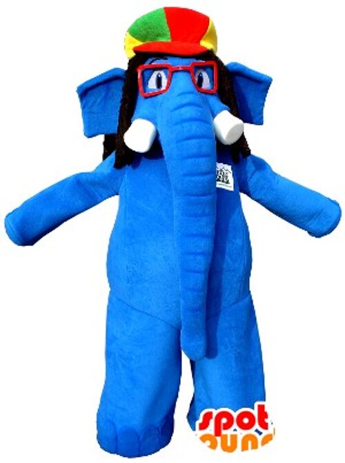 Costume de mascotte personnalisable d'éléphant bleu avec des lunettes et un chapeau coloré.