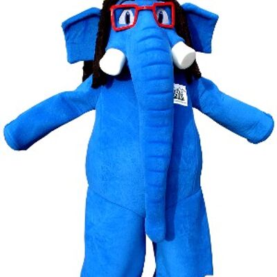 Costume de mascotte personnalisable d'éléphant bleu avec des lunettes et un chapeau coloré.