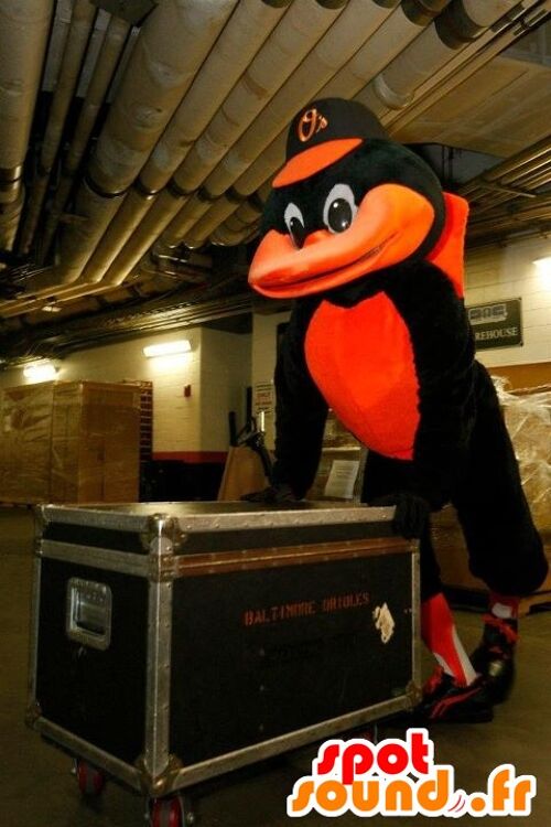 Costume de mascotte personnalisable de corbeau noir et orange.