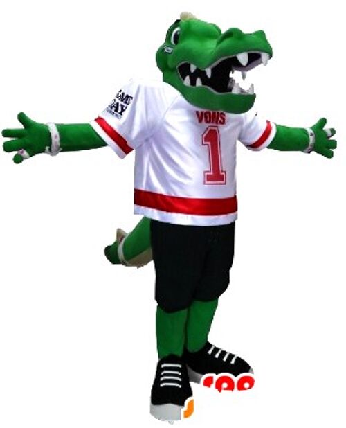 Costume de mascotte personnalisable de crocodile vert en tenue de football américain.