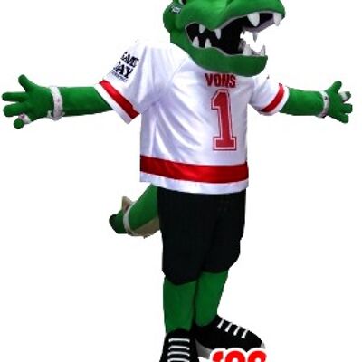 Costume de mascotte personnalisable de crocodile vert en tenue de football américain.