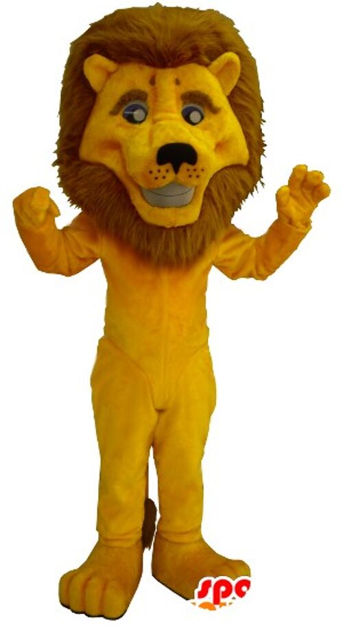 Costume de mascotte personnalisable de lion jaune avec une grande crinière.