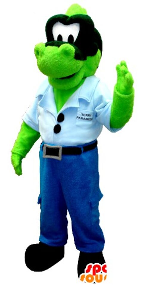 Costume de mascotte personnalisable de dinosaure vert en jean avec une chemise bleue.