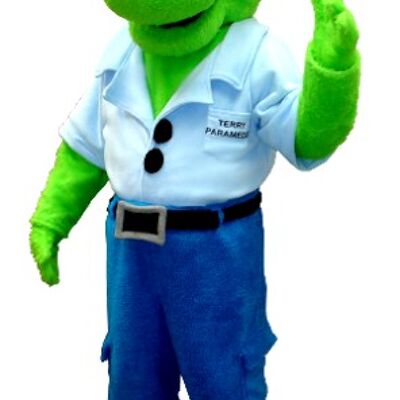 Costume de mascotte personnalisable de dinosaure vert en jean avec une chemise bleue.