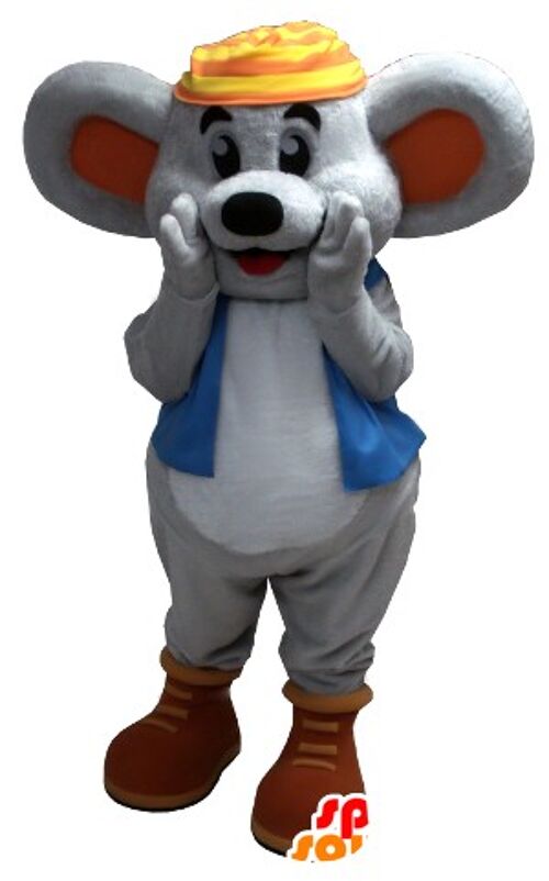 Costume de mascotte personnalisable de souris grise souriante avec un gilet bleu.