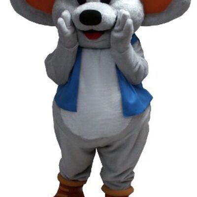 Costume de mascotte personnalisable de souris grise souriante avec un gilet bleu.