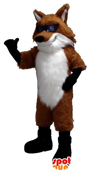 Costume de mascotte personnalisable de renard orange, blanc et noir avec des lunettes.