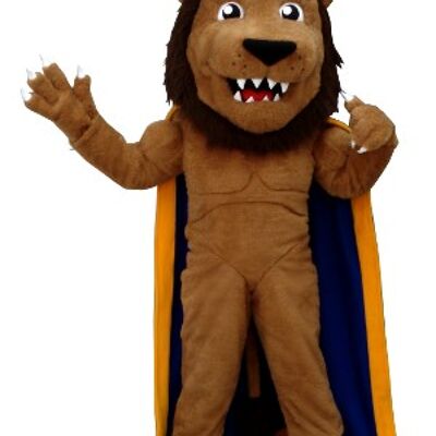 Costume de mascotte personnalisable de lion, habillé en roi.