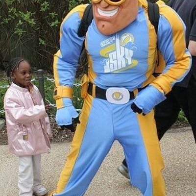 Costume de mascotte personnalisable de super-héros en tenue bleue et jaune.