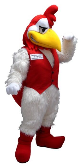 Costume de mascotte personnalisable de coq blanc et rouge.