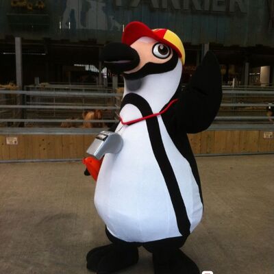 Costume de mascotte personnalisable de pingouin noir et blanc avec une casquette.