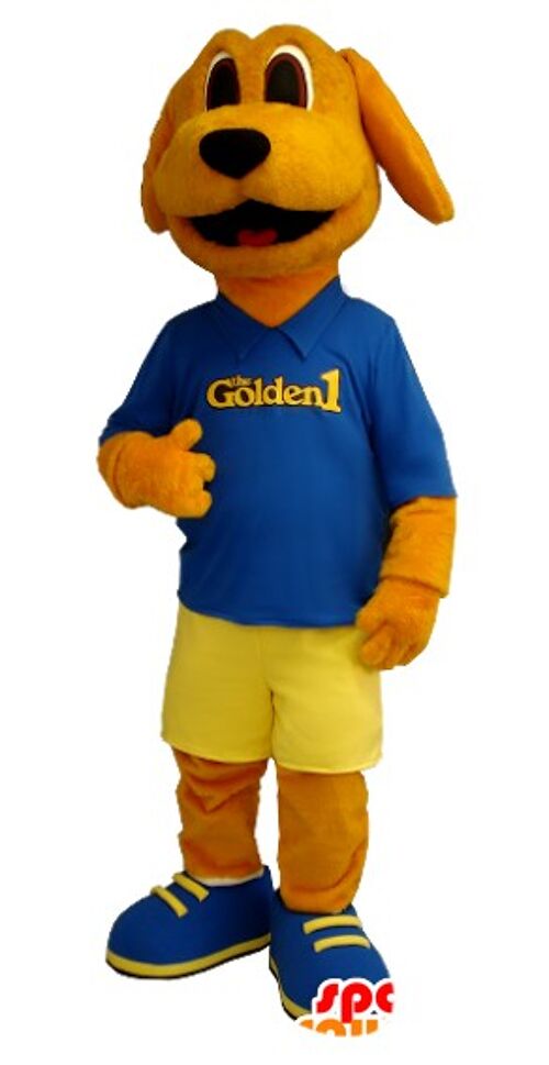 Costume de mascotte personnalisable de chien orange habillé en bleu et jaune.