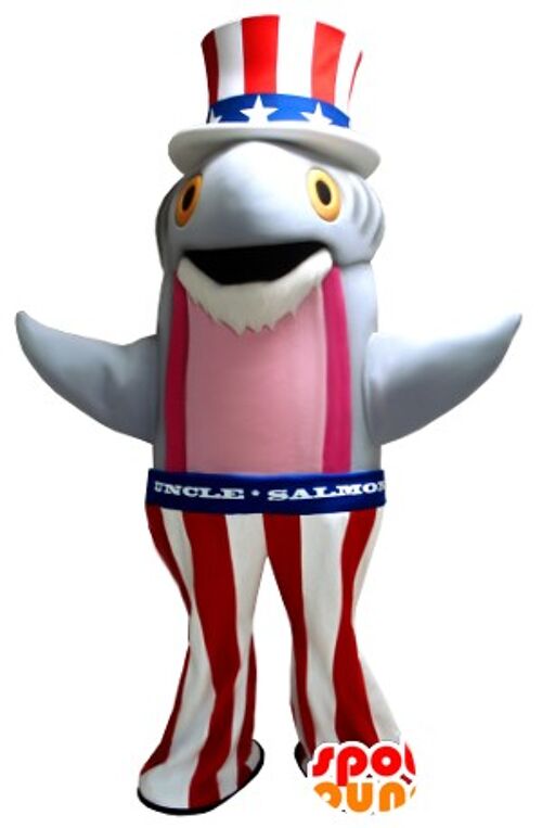 Costume de mascotte personnalisable de saumon, de poisson gris et rose en tenue américaine.