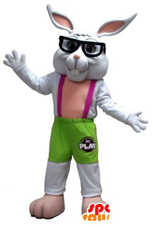 Costume de mascotte personnalisable de lapin blanc, vert et rose avec des lunettes.