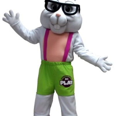 Costume de mascotte personnalisable de lapin blanc, vert et rose avec des lunettes.