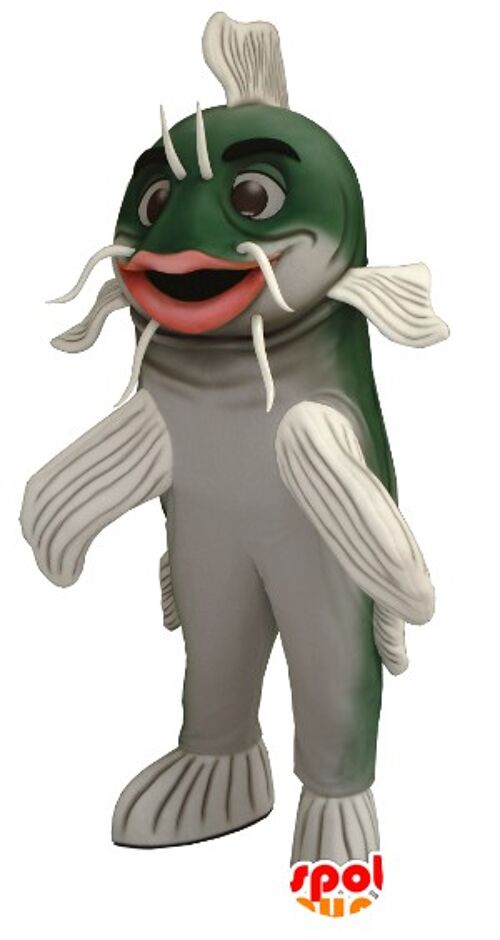 Costume de mascotte personnalisable de poisson chat, vert et blanc.