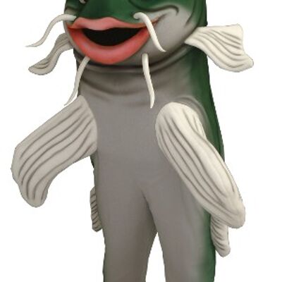 Costume de mascotte personnalisable de poisson chat, vert et blanc.