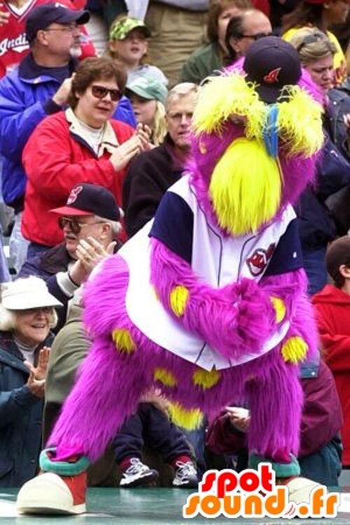 Costume de mascotte personnalisable d'oiseau jaune et rose, tout poilu.