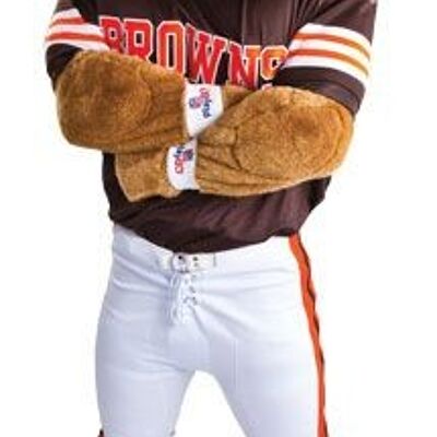 Costume de mascotte personnalisable de chien en tenue de footballeur américain.