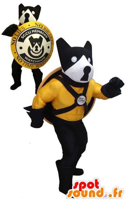 Costume de mascotte personnalisable de chien noir, jaune et blanc avec un bouclier.