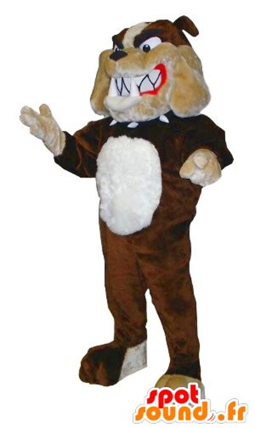 Costume de mascotte personnalisable de bulldog marron, beige et blanc.