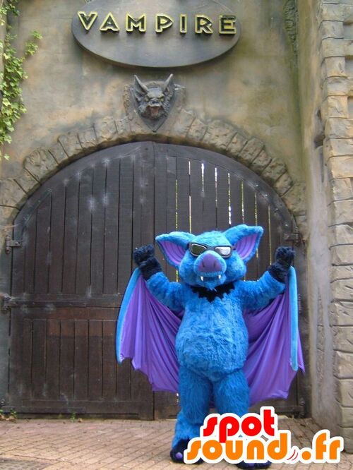 Costume de mascotte personnalisable de chauve-souris bleu, violette et noire.