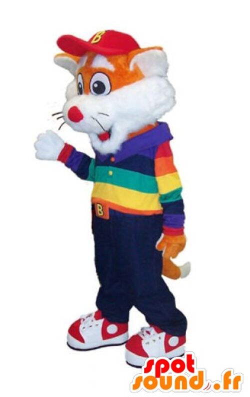 Costume de mascotte personnalisable de petit renard orange et blanc en tenue colorée.