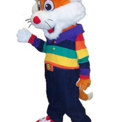 Costume de mascotte personnalisable de petit renard orange et blanc en tenue colorée.