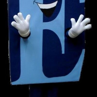 Costume de mascotte personnalisable en forme de E majuscule bleu.