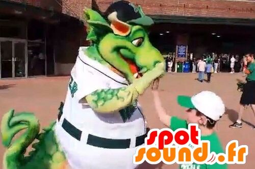 Costume de mascotte personnalisable de gros dragon vert.