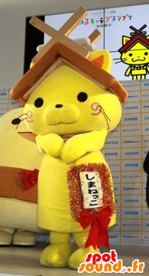 Costume de mascotte personnalisable de chat jaune avec un toit de maison sur la tête.