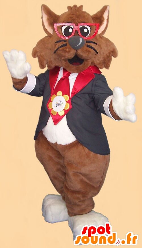 Costume de mascotte personnalisable de chat marron avec des lunettes et un costume cravate.