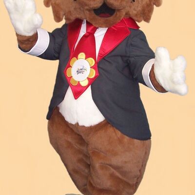 Costume de mascotte personnalisable de chat marron avec des lunettes et un costume cravate.