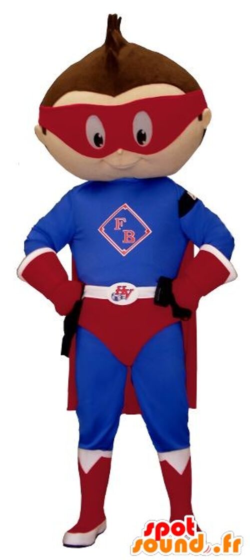 Costume de mascotte personnalisable de petit garçon habillé en tenue de super-héros.