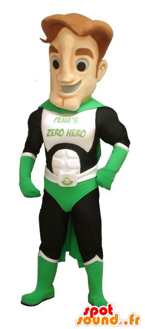 Costume de mascotte personnalisable de super-héros vert, blanc et noir.