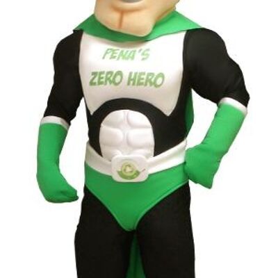 Costume de mascotte personnalisable de super-héros vert, blanc et noir.