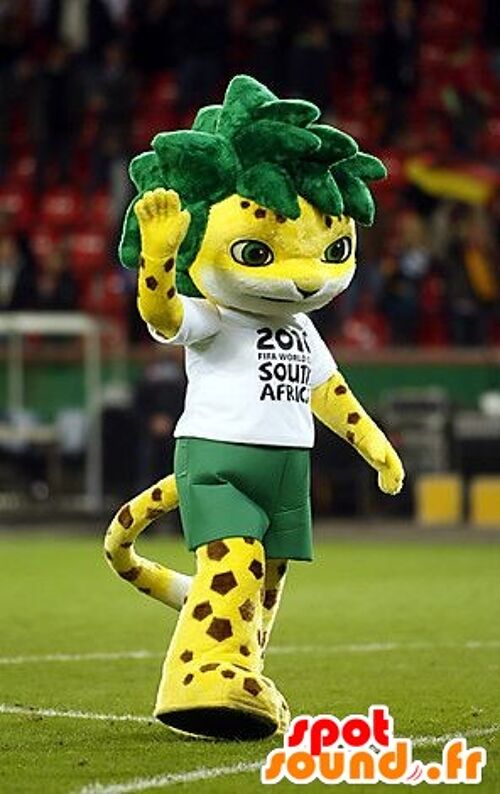 Costume de mascotte personnalisable de tigre jaune, tacheté avec des cheveux verts.