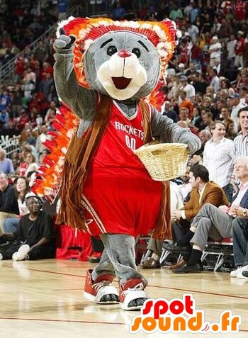 Costume de mascotte personnalisable d'ours gris, en tenue de sport rouge. 2