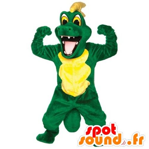 Costume de mascotte personnalisable de crocodile vert et jaune.