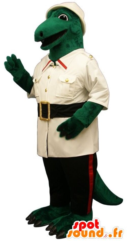 Costume de mascotte personnalisable de crocodile vert habillé en explorateur.