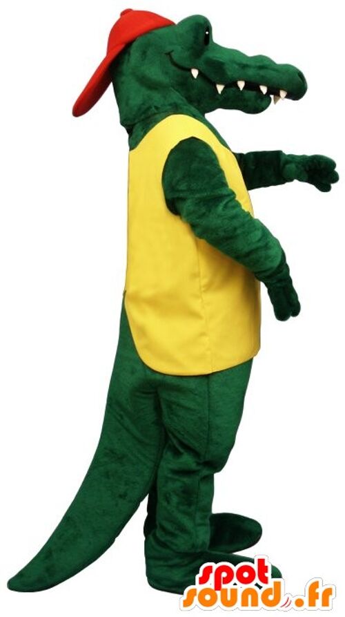 Costume de mascotte personnalisable de crocodile vert en tenue jaune et rouge.