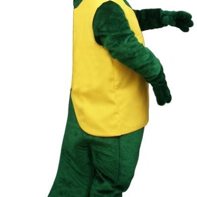 Costume de mascotte personnalisable de crocodile vert en tenue jaune et rouge.
