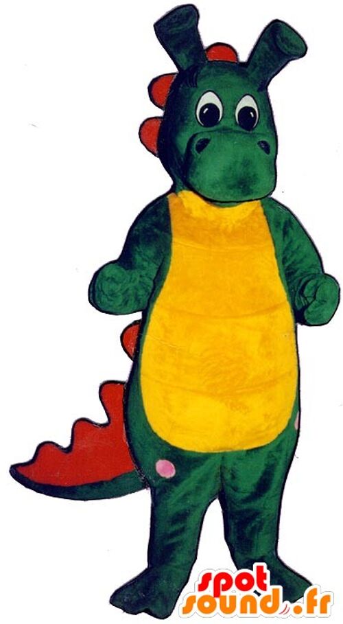 Costume de mascotte personnalisable de crocodile vert, rouge et jaune.