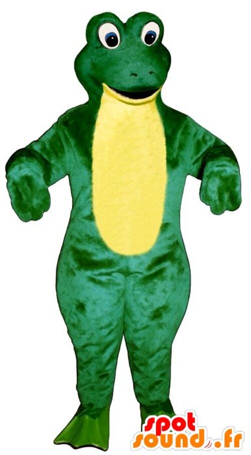 Costume de mascotte personnalisable de grenouiller verte et jaune.