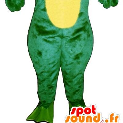 Costume de mascotte personnalisable de grenouiller verte et jaune.