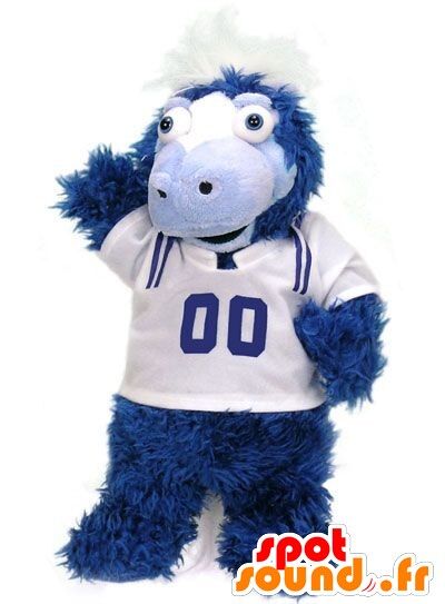 Costume de mascotte personnalisable de poulain, de cheval bleu et blanc tout poilu.
