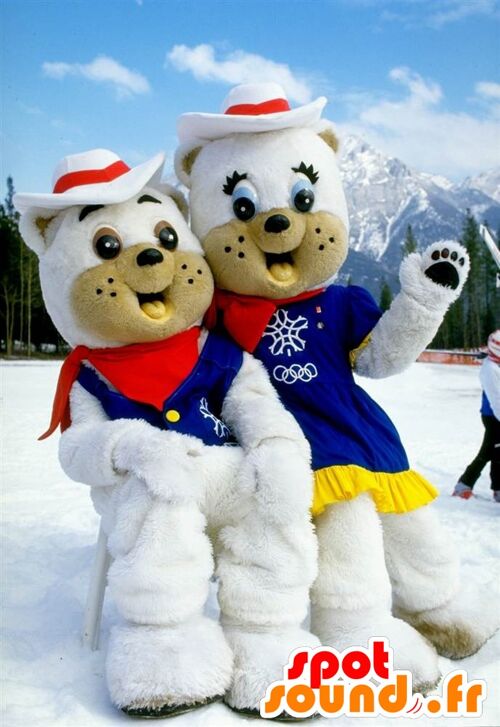 2 Costume de mascotte personnalisable s d'ours blancs, habillés en cow-boy.