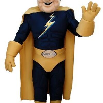 Costume de mascotte personnalisable de super-héros en tenue bleue et jaune
