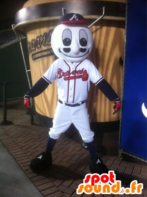 Costume de mascotte personnalisable de balle de baseball en tenue de sport.